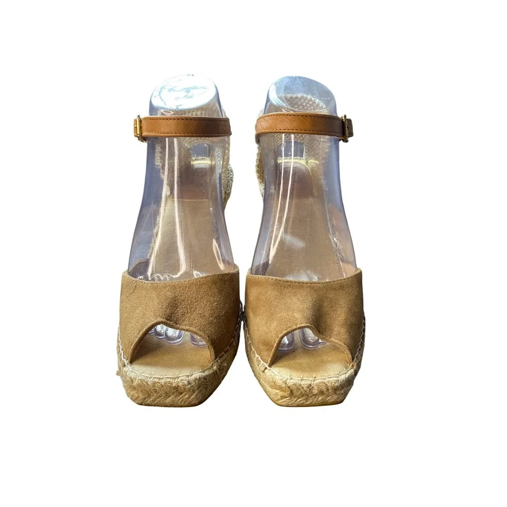 Vidorreta Tan Suede Peep Toe Espadrille Wedge Sandals Made‎ in Spain Size 38